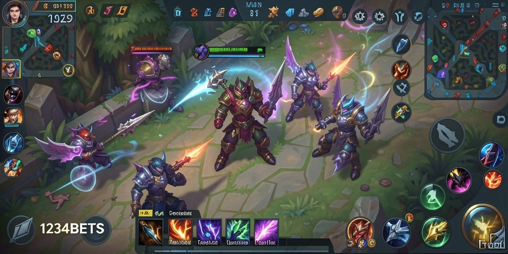 Tangkapan layar gameplay 1234BETS yang menampilkan pertarungan seru di arena MOBA.