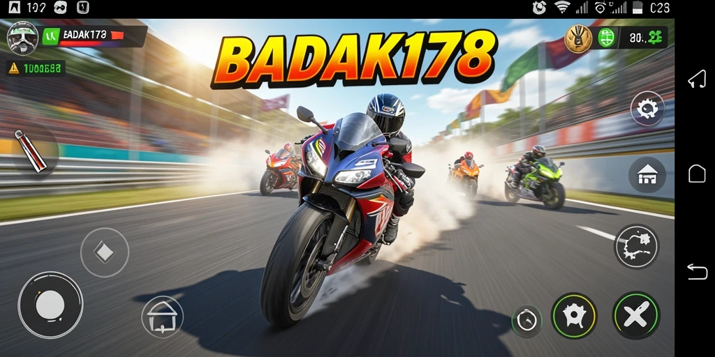 Tampilan gameplay BADAK178 yang mendebarkan saat balapan motor.