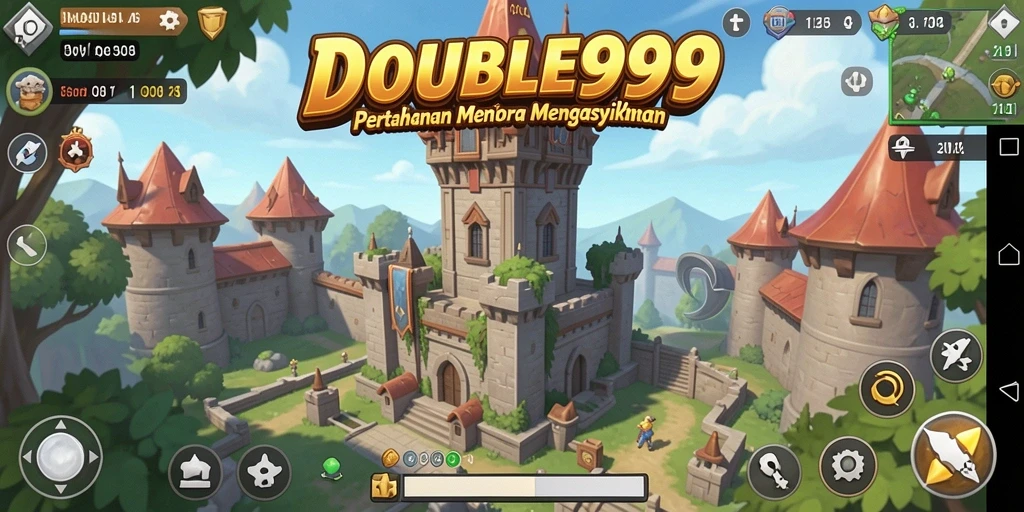 Screenshot gameplay DOUBLE999 dengan aksi menara bertahan.