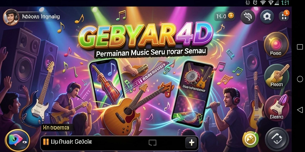 Screenshot utama GEBYAR4D menunjukkan antarmuka permainan musik yang interaktif.