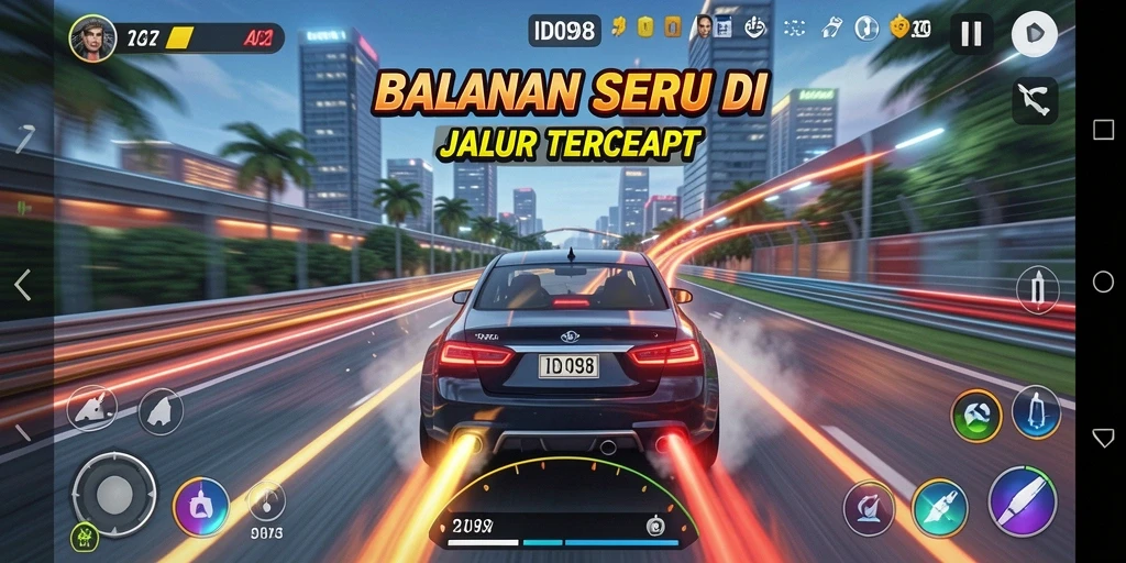 Gameplay ID098 menunjukkan mobil melaju kencang di lintasan balap yang penuh tantangan.