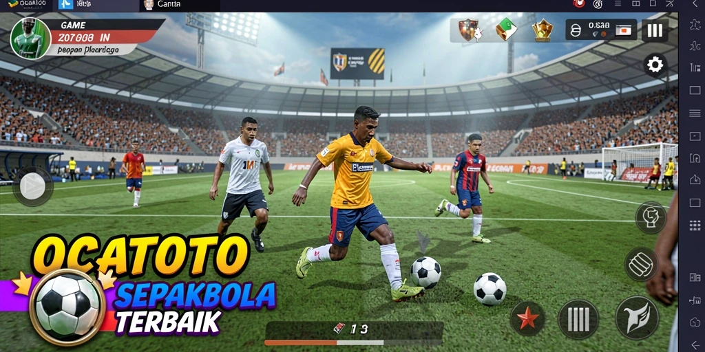 Screenshot gameplay OCATOTO menampilkan aksi seru di lapangan sepakbola.
