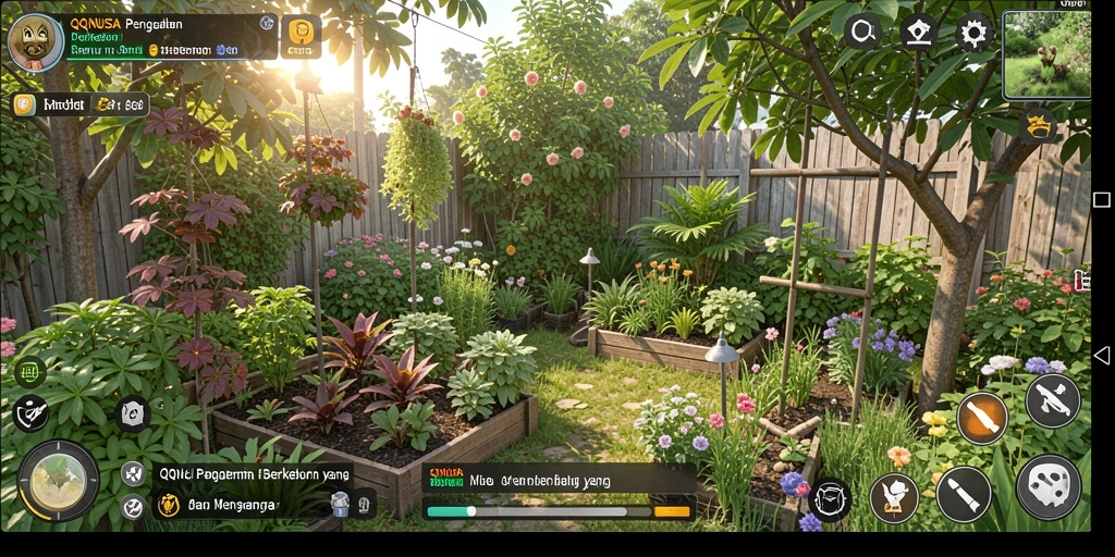 Tangkapan layar gameplay <strong>QQNUSA</strong> menampilkan ladang yang penuh dengan tanaman subur dan hewan ternak.