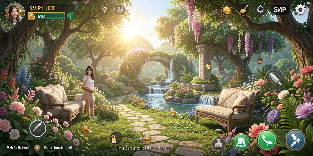 Tangkapan layar bermain SVIP1 yang menunjukkan suasana kebun yang cerah.