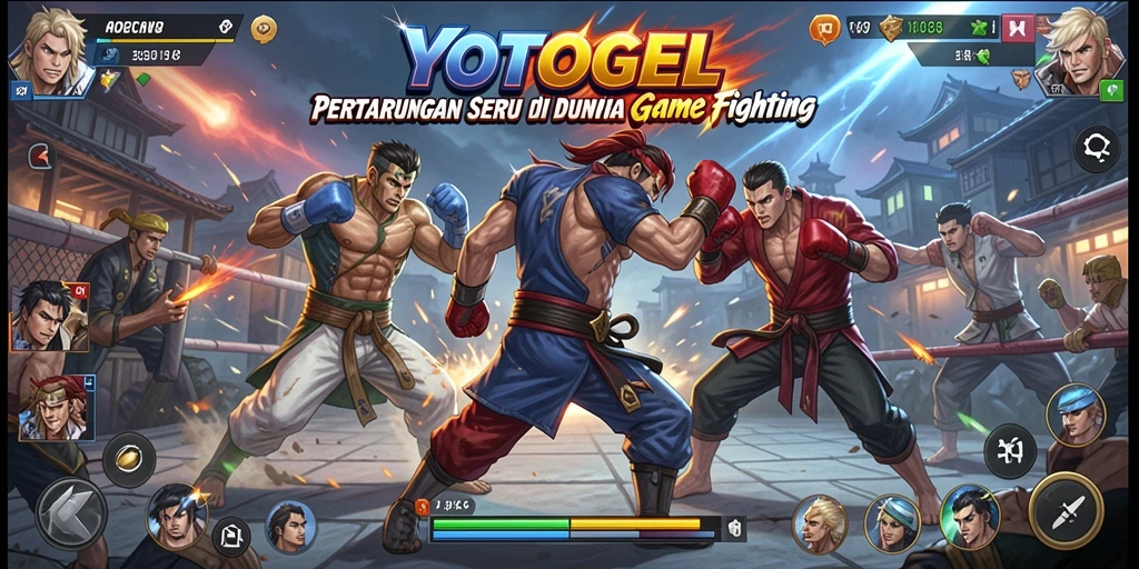 Screenshot utama YOTOGEL menampilkan karakter bertarung di arena seru.